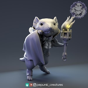 May include: A 3D-printed figurine of a mouse dressed in a cape and formal attire, holding a torch with a glowing flame. The mouse has a stern expression. A small circular image of a bird is in the background. The figurine is in shades of gray.