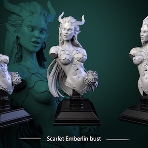 May include: A white sculpture of a female figure with long hair, horns, and a floral design on the chest. The bust is mounted on a black square base. The text "Scarlet Emberlin bust" is visible.