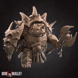 May include: A tan-coloured figurine of a fantasy warrior, heavily armoured with spiked shoulder pads, a helmet, and a chest plate decorated with skulls. It holds a large axe. The text "BITE THE BULLET" is at the bottom of the image.