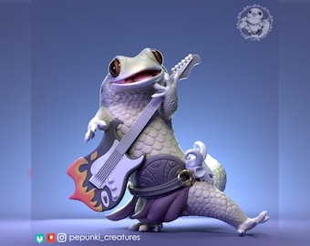 Fish Scaled Gecko Bard Miniature | Tabletop RPG Miniature | Pepunki Creatures | Roleplaying 3D Printed Fantasy Mini