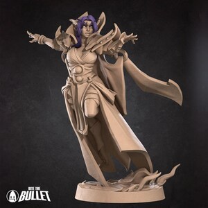May include: A tan-colored fantasy figurine of a humanoid character with pointed ears and purple hair, wearing layered armor and a flowing robe. The character is in a dynamic pose with arms outstretched. The base features the text BITE THE BULLET.