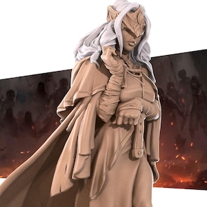 May include: A detailed sculpture of a woman with long, flowing white hair, wearing a crown and a hooded cloak. The figure is in a contemplative pose, with a background of blurred figures and a fiery glow.