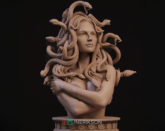 May include: A bust of Medusa, a figure from Greek mythology, sculpted in a light brown material. Her hair is composed of numerous snakes, and she gazes upward with a serene expression. The sculpture is mounted on a decorative base.