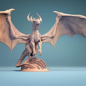 May include: A detailed sculpture of a dragon with outstretched wings. The dragon is light brown with intricate details, including horns, scales, and a long tail. It is posed on a circular base against a blue background.