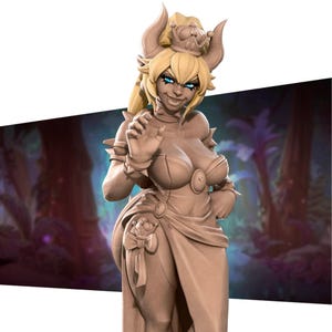 May include: A tan figurine of a character with a crown, horns, and blue eyes. The figure is wearing a dress and has a menacing expression. The background is a blurred image of a forest.