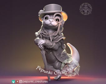 May include: A 3D-rendered sculpture of a dog-like creature in a Victorian outfit, complete with a top hat, monocle, and a walking stick. The figure is gray with a white tail and floral accents. The text "Pepunki Creatures" is visible.