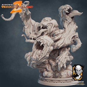 May include: A detailed, off-white 3D-printed sculpture of a monstrous creature with multiple mouths, sharp teeth, and textured skin. The sculpture has the text "3D Printables Heroes & Villains 2" and a logo for TXIKIDESIGN STUDIO.