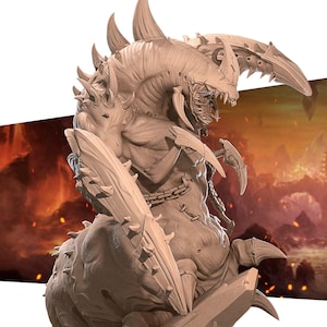 May include: A beige monster figurine with sharp claws, horns, and a menacing expression. The creature has a chain around its torso and is set against a fiery background, suggesting a fantasy or horror theme.
