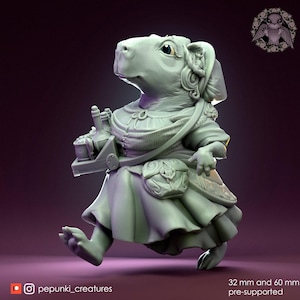 May include: A light gray figurine of a rodent-like character wearing a dress and carrying a tray with bottles. The character has detailed features and is posed in a walking stance. The figurine is 32 mm and 60 mm pre-supported. The artist's name is pepunki_creatures.