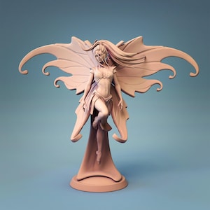 May include: A detailed sculpture of a fairy with large, ornate wings. The fairy is depicted in a flowing pose, with long hair and delicate clothing. The sculpture is a soft, muted pink colour, set against a blue background.