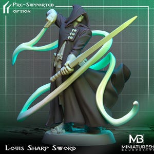 May include: A 3D-printed figurine of a hooded figure holding a glowing sword and ribbons. The figure is dressed in a dark cloak with a few buttons. The base is white, and the background is a green grid. Text at the bottom reads "Louis Sharp Sword".