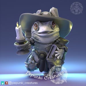 May include: A whimsical figurine of a frog dressed in a hat and armor, holding a candle. The frog has large eyes and is wearing a hat and armor. The figurine is gray and has a detailed design. The text "Pepunki Creatures" is at the bottom.