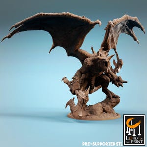 May include: A detailed brown dragon figurine with large wings, sharp claws, and an open mouth. The dragon is posed on a rocky base. The image includes the text "PRE-SUPPORTED STL" and the logo for "LORD OF THE PRINT".