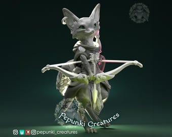 May include: A 3D-rendered figurine of a fox-like character in warrior attire, holding a bow and arrow. The figure is mainly grey with detailed features, set against a dark green backdrop. The bow is white, and the arrow has a pinkish tone. The figurine is labelled "Pepunki Creatures".