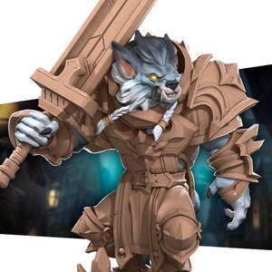 May include: A detailed figurine of a wolf-like warrior, clad in brown armor and wielding a large sword. The figure has blue skin, yellow eyes, and white braided hair. The overall design suggests a fantasy theme.