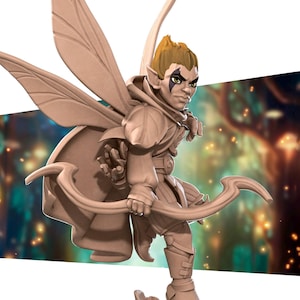 May include: A detailed figurine of a fantasy character with large, stylized wings and a bow. The figure has a determined expression, wearing armor and a hooded cloak. The color palette is primarily beige and brown, with a blurred background.