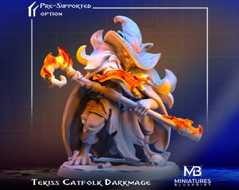 Catfolk Darkmage Miniature, Tekiss | Tabletop RPG Miniature | Miniatures Blueprint | Roleplaying 3D Printed Fantasy Mini