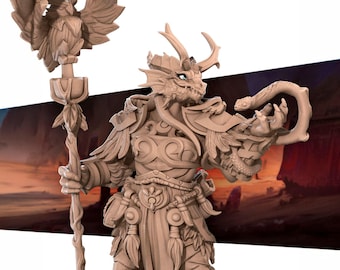 May include: A detailed, beige-colored fantasy figurine of a dragon-like humanoid character. The figure holds a staff topped with an owl and a snake. The character is adorned with armor and intricate details, set against a blurred landscape.
