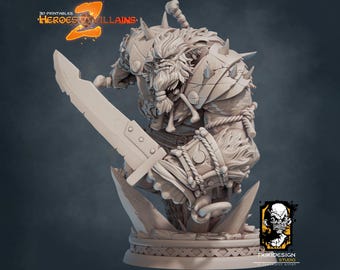 May include: A detailed 3D-printed figurine of a warrior, holding a large sword. The figure is clad in armor with fur accents and a rope belt. The base has a broken rock design. The image includes the text "3D Printables Heroes & Villains 2" and a studio logo.
