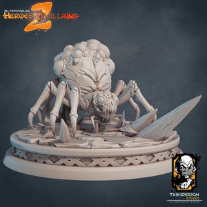 May include: A light grey 3D-printed model of a spider-like creature with a large, textured body and multiple legs. The model is on a decorative base with a jagged crystal. The image includes the text "3D Printables Heroes vs Villains".