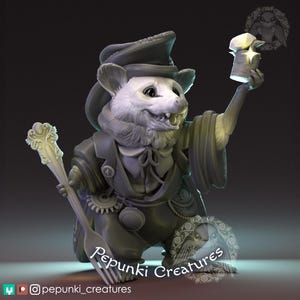 May include: A grayscale 3D-rendered figurine of a mouse in a steampunk outfit, holding a fork and a glowing mug. The mouse wears a hat and a jacket with gear details. The figurine is labelled "Pepunki Creatures".