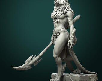 May include: A detailed, gray sculpture of a humanoid wolf warrior. The figure stands on a stone base, holding a spear. The warrior has a muscular build, with fur around the neck and arms, and a long tail. The overall design is intricate and artistic.