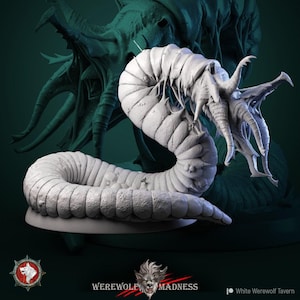May include: A white, detailed sculpture of a worm-like creature with a segmented body and multiple appendages. The sculpture has a textured surface and is set against a dark green background. The Werewolf Madness logo is visible at the bottom.