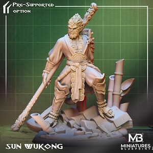 May include: A detailed figurine of Sun Wukong, the Monkey King, in a dynamic pose. The figure is light-colored, with intricate details on the clothing and staff. The base includes bamboo stalks and a rocky terrain. Text on the image reads "Sun Wukong" and "Pre-Supported Option".