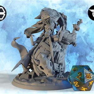 May include: A gray miniature figurine of a knight riding a beast, with a shield and sword. A multi-sided die with gold numbers is in the foreground. The background is a light blue gradient.