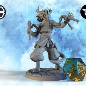 May include: A gray figurine of a warrior in a dynamic pose, holding weapons. The figure is on a wooden base, with a large, multi-sided die nearby. The background is a light blue watercolor wash with two logos.