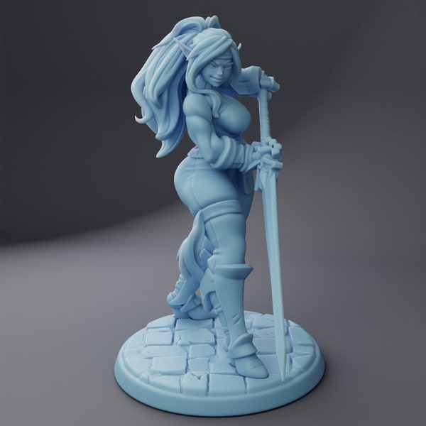 Female Elf Warrior Miniature, Sybil | Twin Goddess Miniatures | Tabletop RPG Miniature | Roleplaying 3D Printed Fantasy Mini