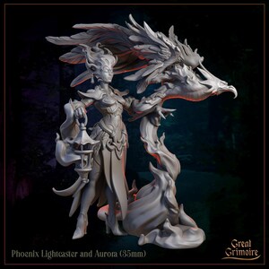 Phoenix Lightcaster and Aurora Miniature | Tabletop RPG Miniature | Great Grimoire | Roleplaying 3D Printed Fantasy Mini