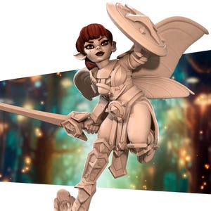 May include: A beige figurine of a fantasy warrior with a sword and shield. The figure has pointed ears, short red hair, and is wearing armor. The background is a blurred image of a forest.