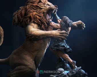 Heracles and the Nemean Lion Diorama Miniature | Tabletop RPG Miniature | Nerikson | Roleplaying 3D Printed Fantasy Mini
