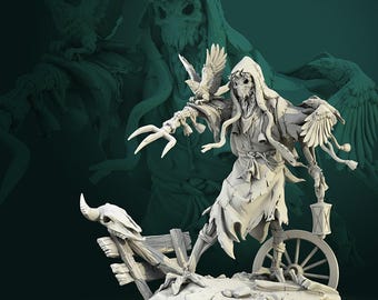 May include: A detailed, gray figurine of a hooded figure with a bird perched on its arm. The figure has a skeletal face and tattered clothing. A skull and wooden fence are at its feet, with a lantern and wagon wheel nearby. The background features a faded image of the figure.