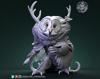 Great Grey Owl Druid Miniature | Tabletop RPG Miniature | Pepunki Creatures | Roleplaying 3D Printed Fantasy Mini