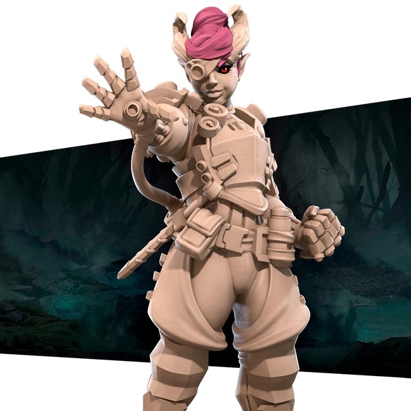 Female Tiefling Artificer Miniature | Tabletop RPG Miniature | Bite the Bullet | Roleplaying 3D Printed Fantasy Mini