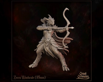 Female Dragonborn Archer Miniature, Zevra Windscale | Tabletop RPG Miniature | Great Grimoire | Roleplaying 3D Printed Fantasy Mini
