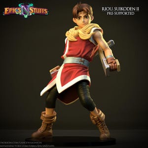 May include: A 3D-printed figurine of Riou from Suikoden II, pre-supported. The figure is in a dynamic pose, wearing a red tunic with white trim, black leggings, and brown boots. A yellow scarf and a silver weapon complete the look. The figure is from Epics N Stuffs.