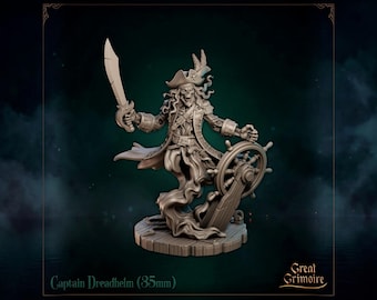 Skeleton Pirate Captain Miniature, Captain Dreadhelm | Tabletop RPG Miniature | Great Grimoire | Roleplaying 3D Printed Fantasy Mini