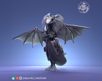 Frilled Lizard Steampunk Aviator Miniature | Tabletop RPG Miniature | Pepunki Creatures | Roleplaying 3D Printed Fantasy Mini