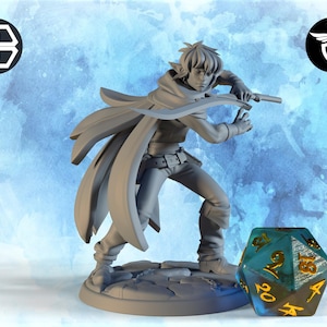 May include: A gray figurine of a character holding a weapon, with a flowing cape and detailed clothing. A large, multi-sided die with gold numbers is in the foreground. The background is a light blue watercolor design with two logos.