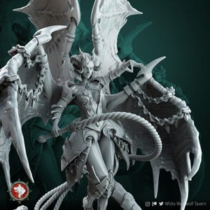 May include: A grey 3D-printed figurine of a winged demon with horns, armour, and a whip. The figure has a stern expression and is posed with outstretched arms. The wings are large and detailed, and the overall design is intricate.