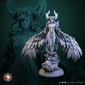 May include: A detailed, grey figurine of a woman with large, feathered wings and a floral crown. The figure stands on a tree stump base with flowers and fruit. The background features a larger, shadowy image of the same figure. The White Werewolf Tavern logo is in the lower left corner.