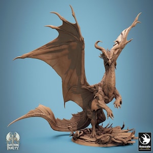 May include: A brown, unpainted dragon figurine featuring large, spread wings, curved horns, and a long, flowing tail. The creature stands on a textured base with debris. The Bastion Purity logo and a Rescale Miniatures logo are visible at the bottom.