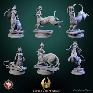 May include: Six grey resin statues of female centaurs in different poses. Each figure wears a crown and flowing robes, standing on a rectangular base. The image includes logos for "Cursed Desert Sands" and "White Werewolf Tavern."