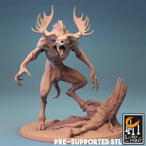 May include: A detailed sculpture of a monstrous creature with large antlers, an open mouth, and long, clawed fingers. The figure is posed over a fallen figure near a tree stump. The base is circular and the color is a light tan.
