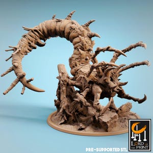 May include: A detailed, brown 3D-printed sculpture of a fantastical creature. The sculpture features a curved, segmented body with sharp protrusions and a base of textured wood and rock. The base has the text "PRE-SUPPORTED STL" and a logo.