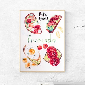 Avocado Watercolor Print, Avocado Toast, Food Illustration, Home Decor, Kitchen Decor