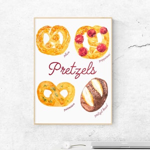 Pretzels Watercolor Print, Food Illustration, Home Decor, Kitchen Decor